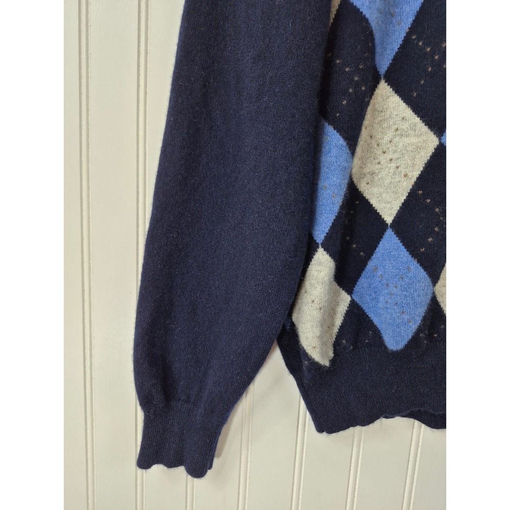 Tasso Elba Mens 100% Cashmere Argyle‎ V-Neck Sweater Navy Grey Large Preppy - Picture 5 of 9